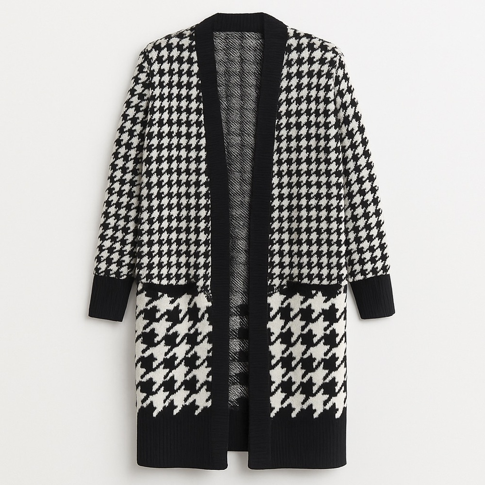 Black & White Houndstooth Cardigan Duster Statement Knit Sweater EUC 2XL #661